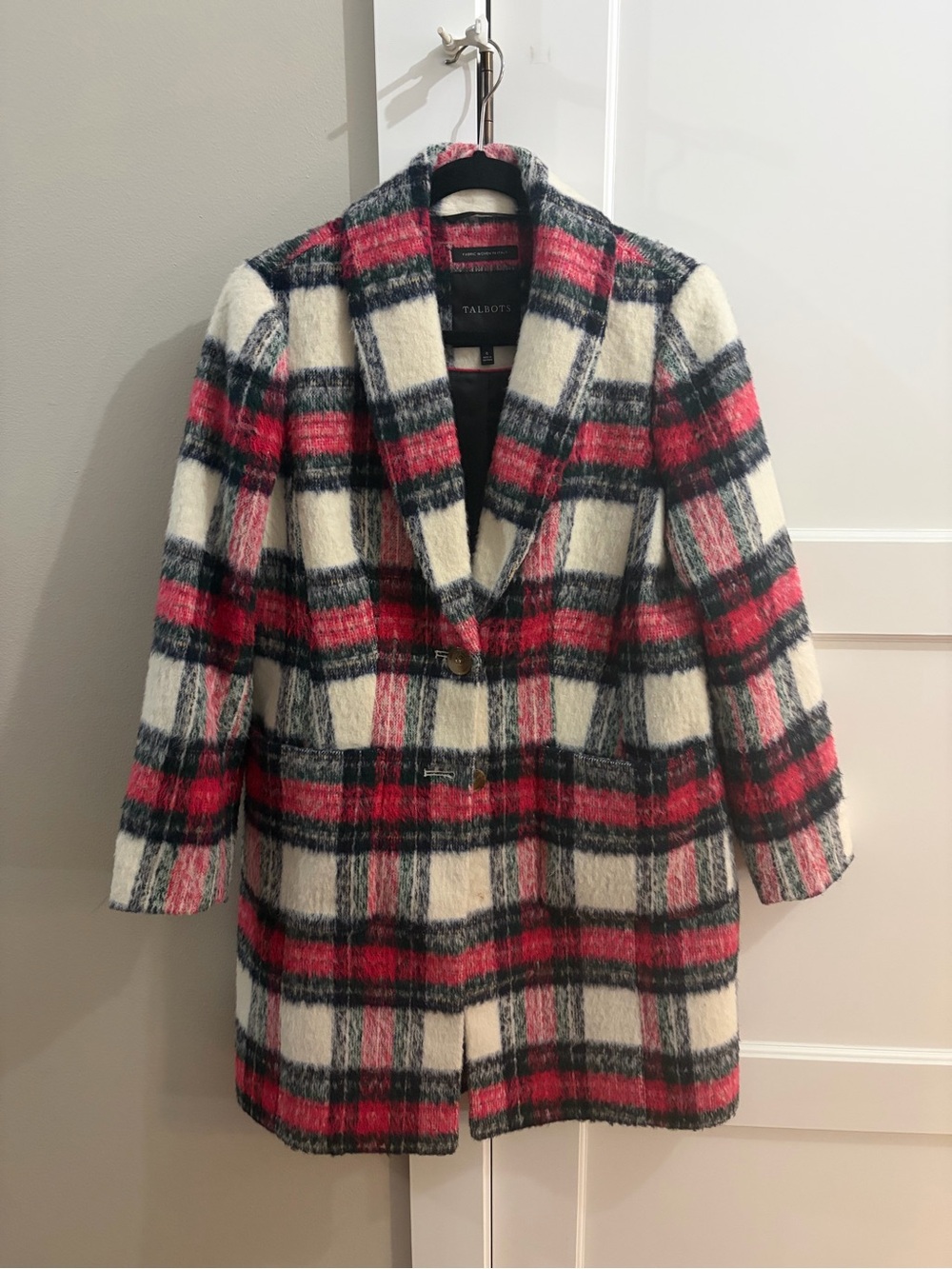 Talbots Red, Black & Cream Plaid Wool-Blend Pea Coat - Woven Fabric Italy - Sz 6